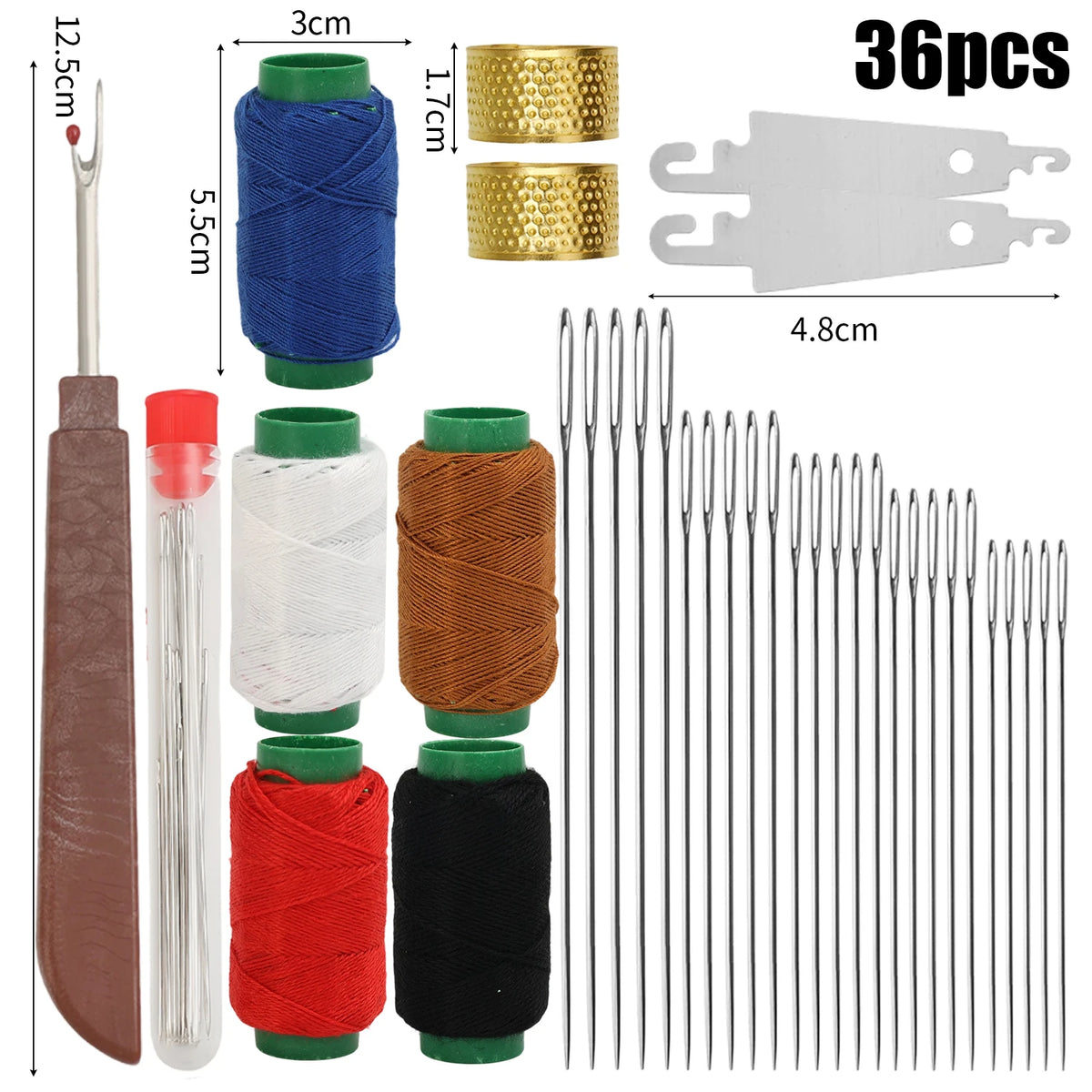 A portable sewing needle kit showing various colored threads, spools, and metal needles for embroidery and crafting.