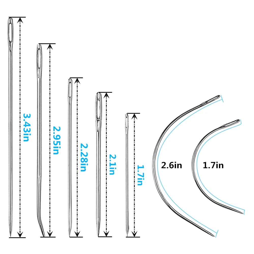A set of heavy duty leather sewing needles shown with various lengths and curved tips.