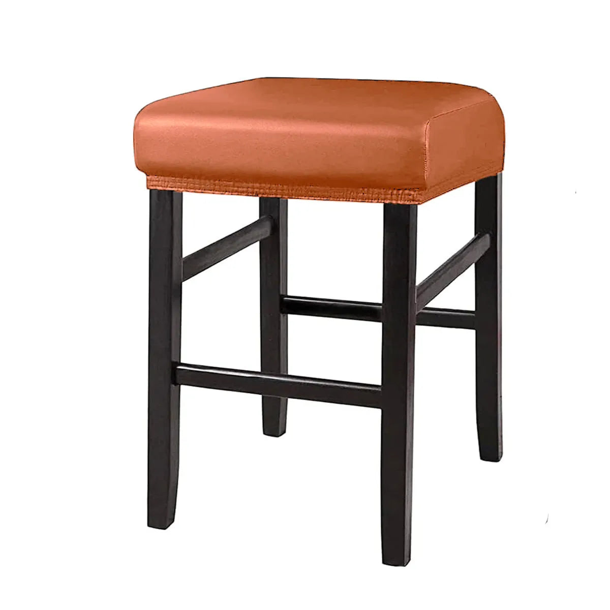 A brown waterproof PU leather bar stool cover with a black wooden frame.
