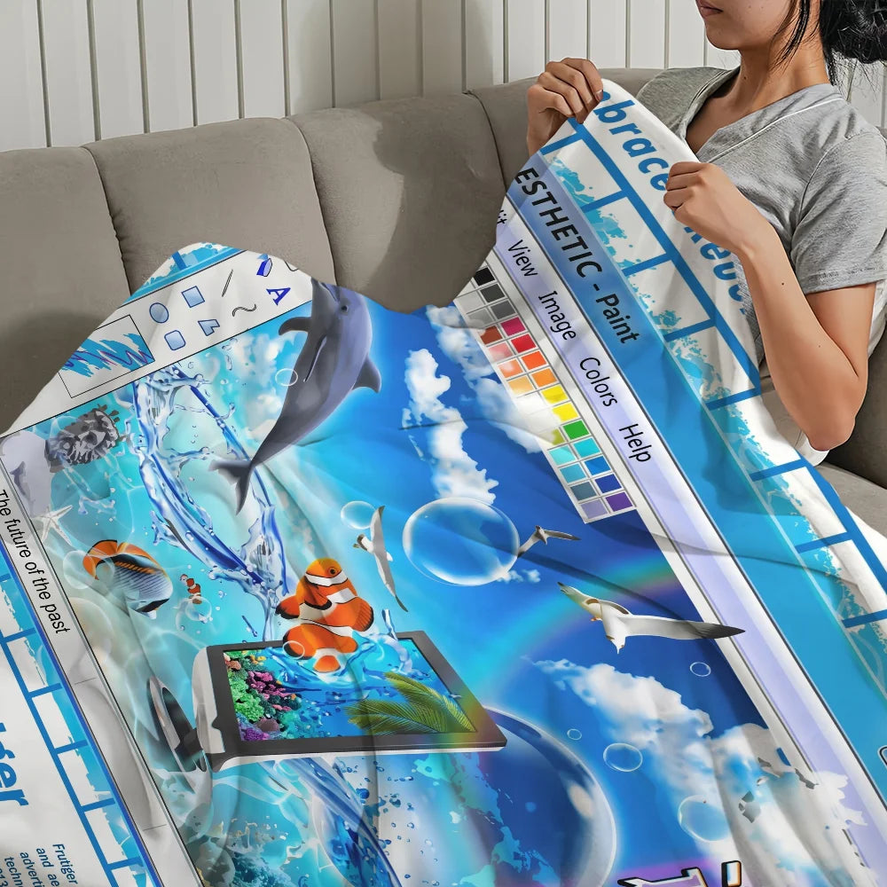 A person is holding a bright blue Frutiger Aero art throw blanket featuring digital and nature themes.