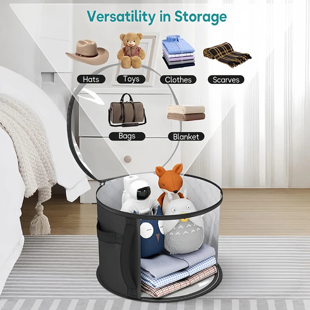 A storage organizer displaying various items like hats, toys, clothes, scarves, bags, and a blanket in a circular display.