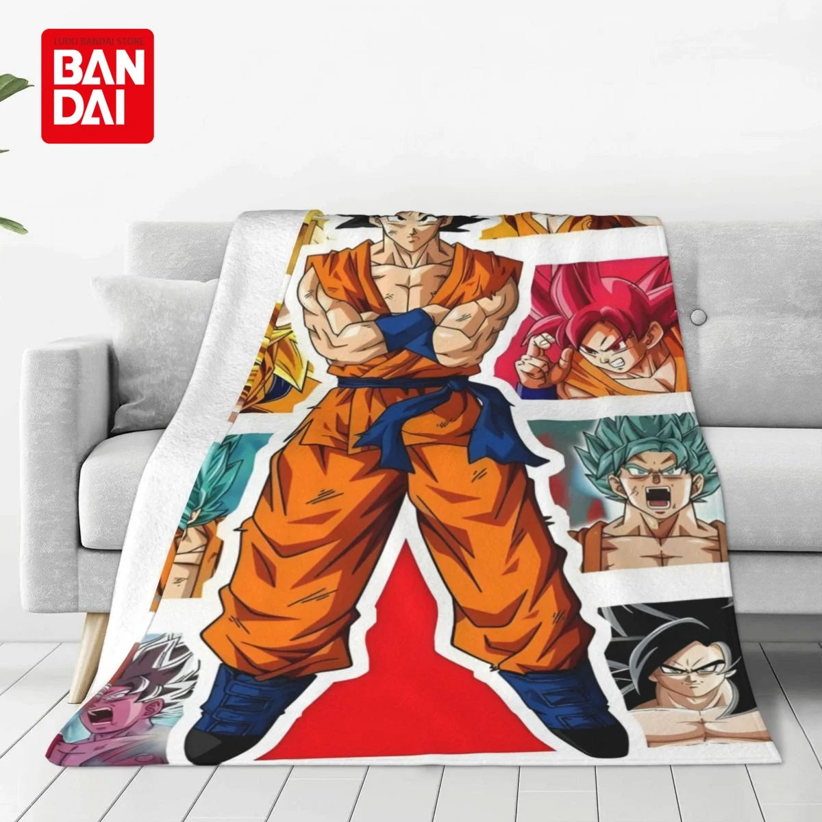 A flannel throw blanket featuring various anime characters in an orange and red design.