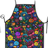A dark floral tatting apron featuring vibrant colors like pink, purple, blue, and yellow flowers.