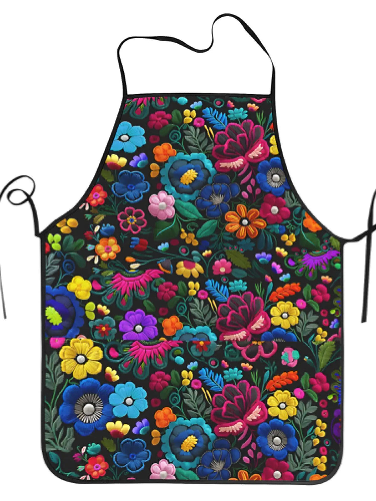 A dark floral tatting apron featuring vibrant colors like pink, purple, blue, and yellow flowers.