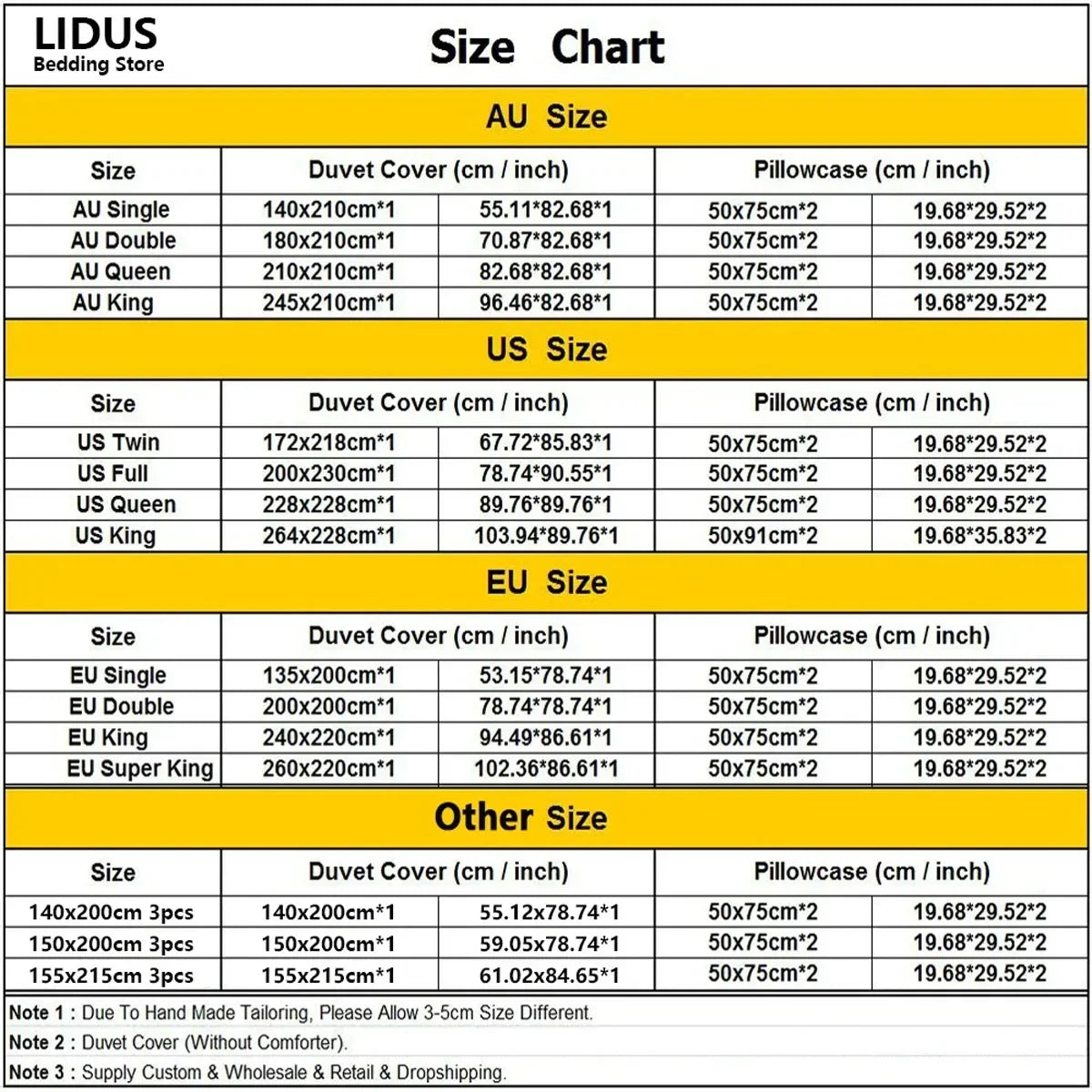 A chart detailing the size conversions for LIDUS bedding products including AU US and EU sizes.