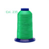 A spool of bright green high tenacity polyester embroidery thread with a blue cap.