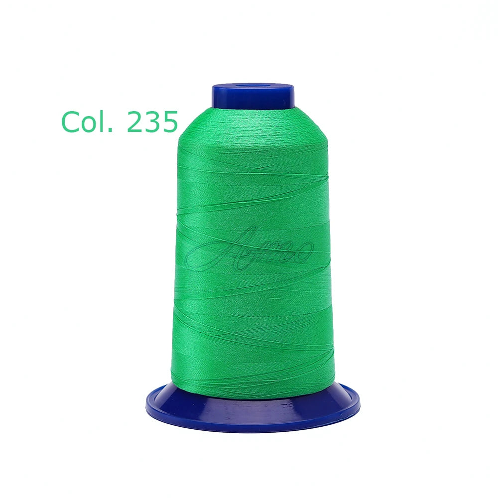 A spool of bright green high tenacity polyester embroidery thread with a blue cap.