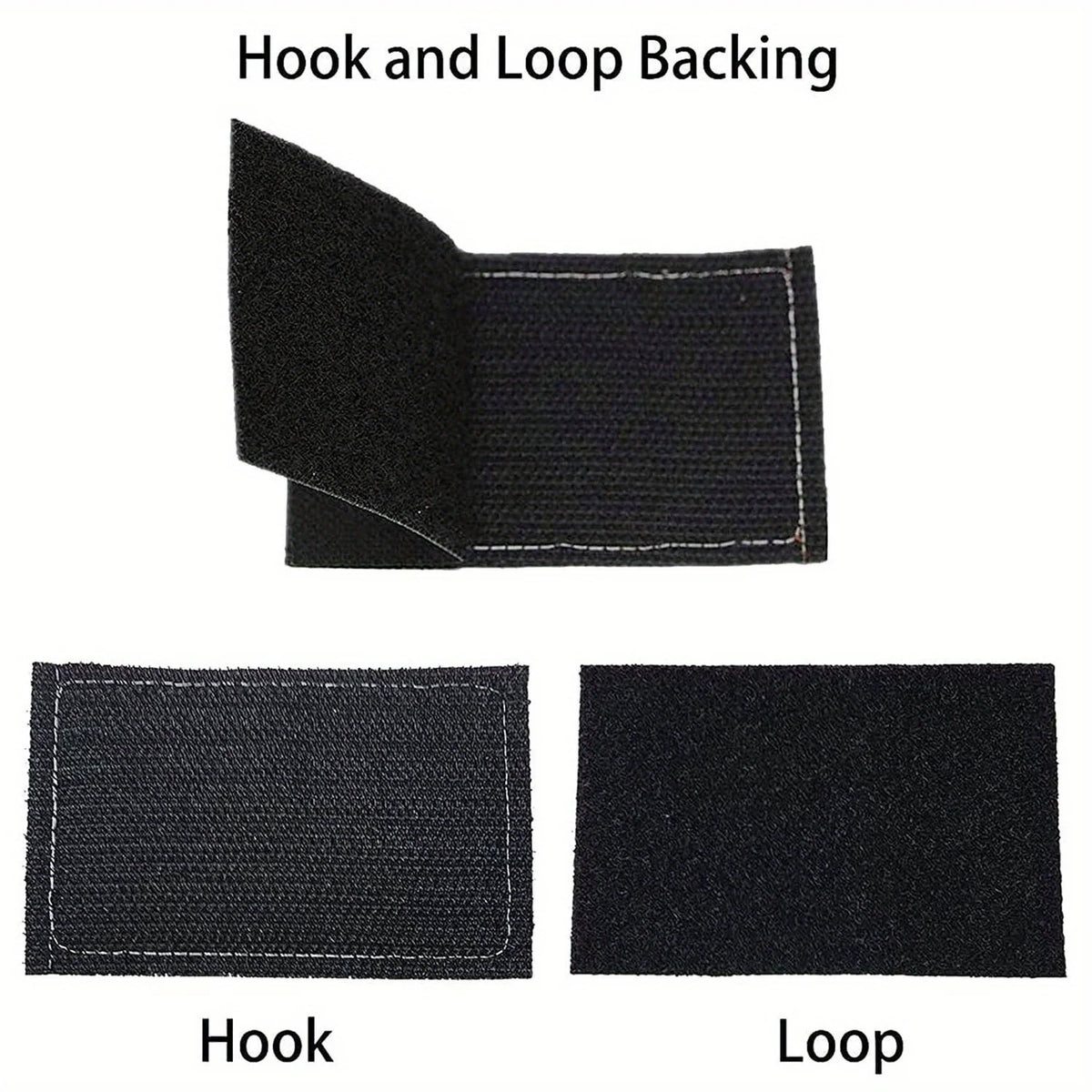 Close-up view of a black hook and loop backing for a tactical embroidered patch, showing the hook and loop material separatel