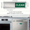 A close-up of a magnetic dish indicator labeled CLEAN on a kitchen appliance door.