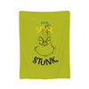 A lime green throw blanket featuring a black illustration of a yellow, angry-looking bird with the text STINK.
