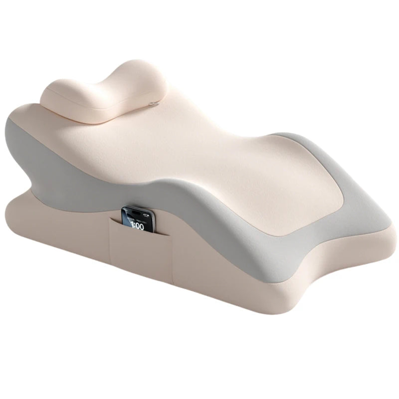 A beige memory foam body pillow with a gray accent, shown from the side.