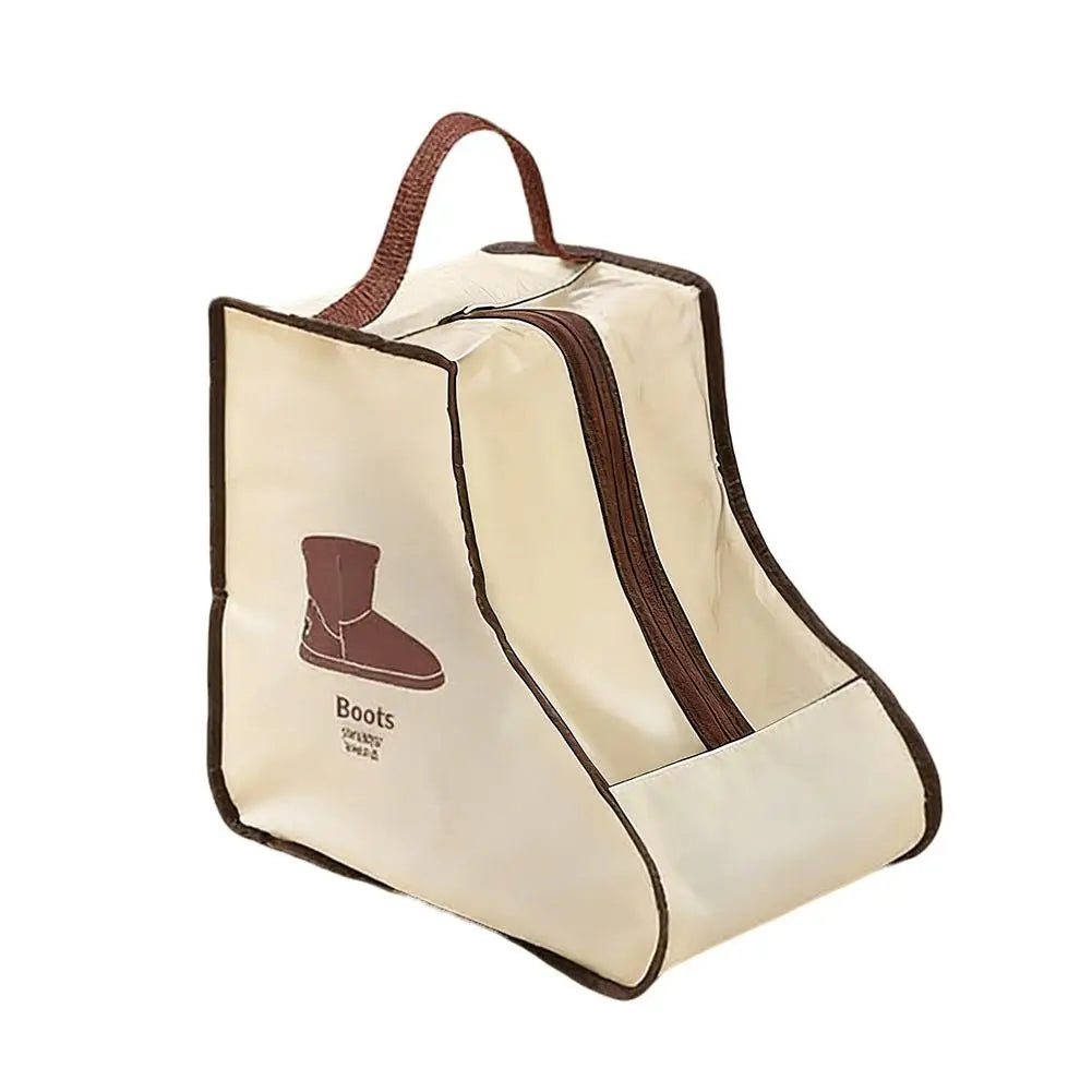 A beige boot storage bag with a clear window and brown carry handle.
