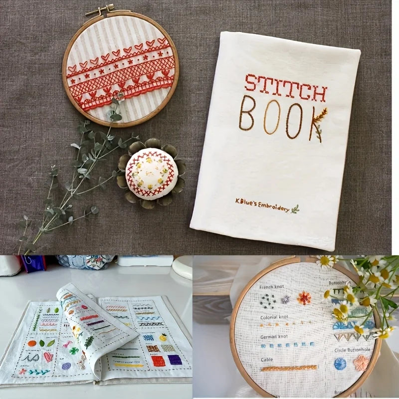 A set of beginner embroidery stitch books featuring various patterns and tools.