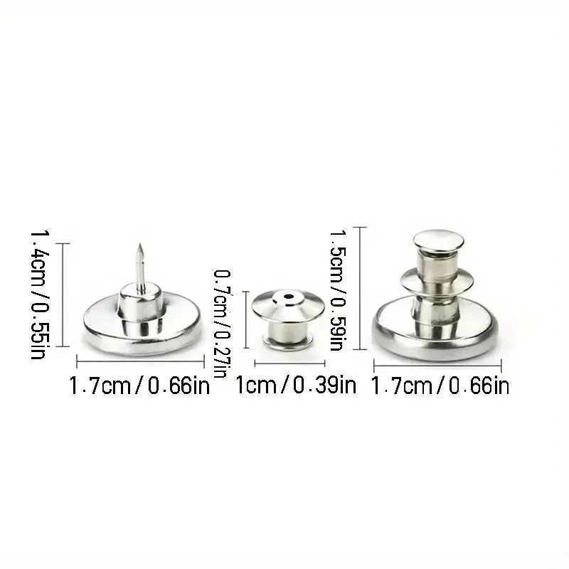 A set of jeans buttons shown with various sizes and measurements.