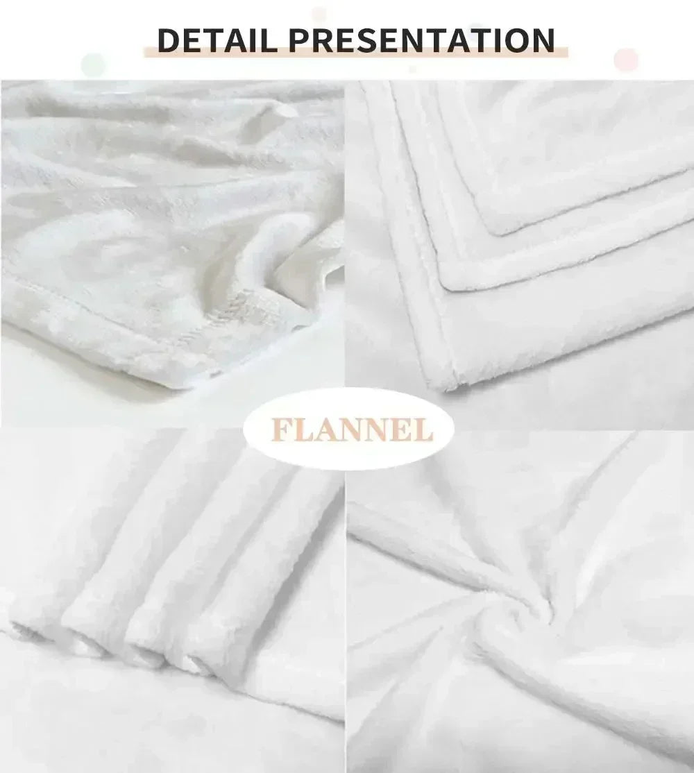 Detail presentation of white flannel patchwork throw blankets folded and displayed.