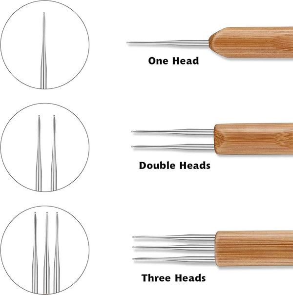 A set of wooden crochet hook tools showing one, double, and three heads.