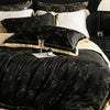 Black and gold luxury lyocell bedding set featuring a quilted headboard and pillows.