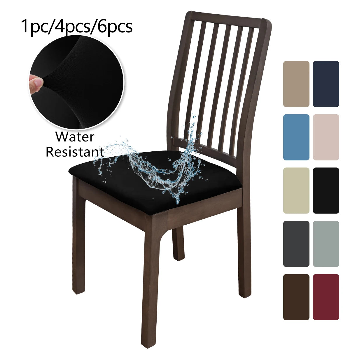 A dark brown wooden chair with a black elastic bench cover, demonstrating water resistance.