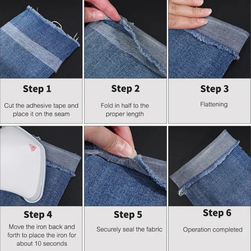 Six steps showing how to use double-sided heat-resistant interlining tape for DIY sewing on fabric