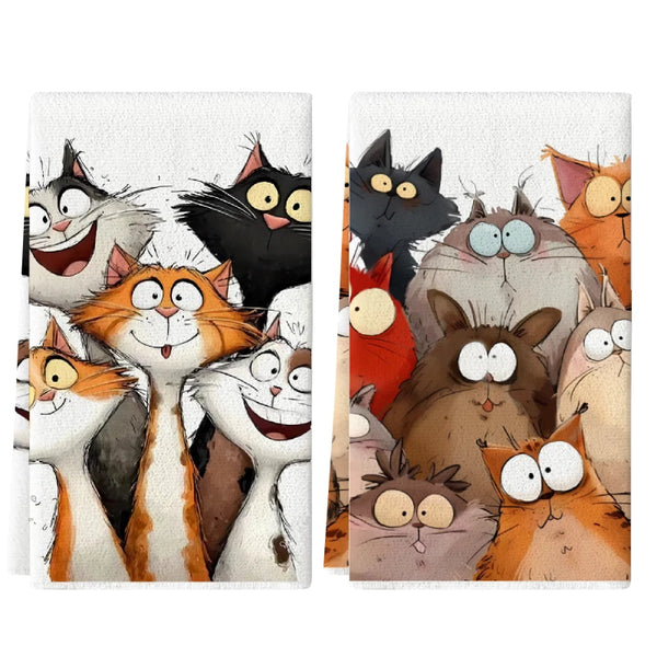 A set of two colorful cartoon kitchen towels featuring various expressive cats.