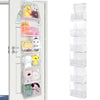 A tall, clear acrylic foldable over-the-door storage organizer filled with various small stuffed animals.
