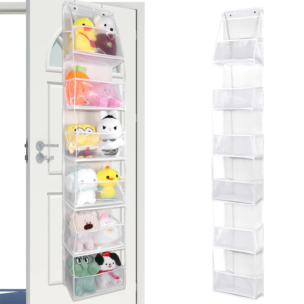 A tall, clear acrylic foldable over-the-door storage organizer filled with various small stuffed animals.