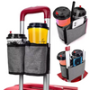 A portable cup holder with a red and silver frame, designed to hold various travel cups.