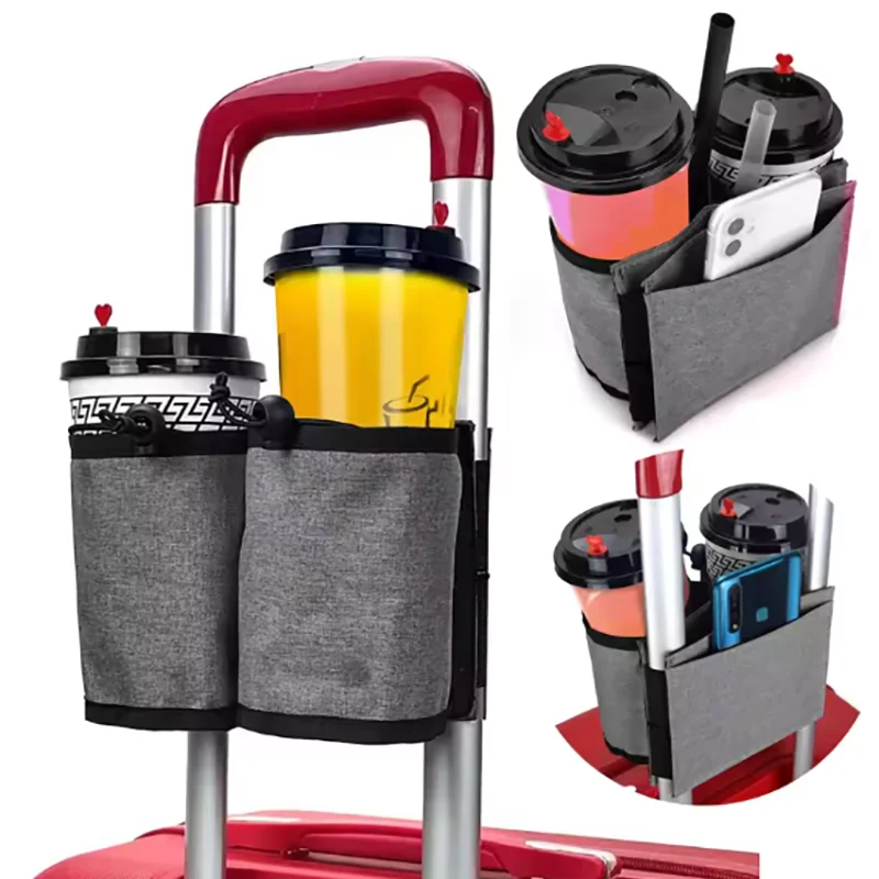 A portable cup holder with a red and silver frame, designed to hold various travel cups.