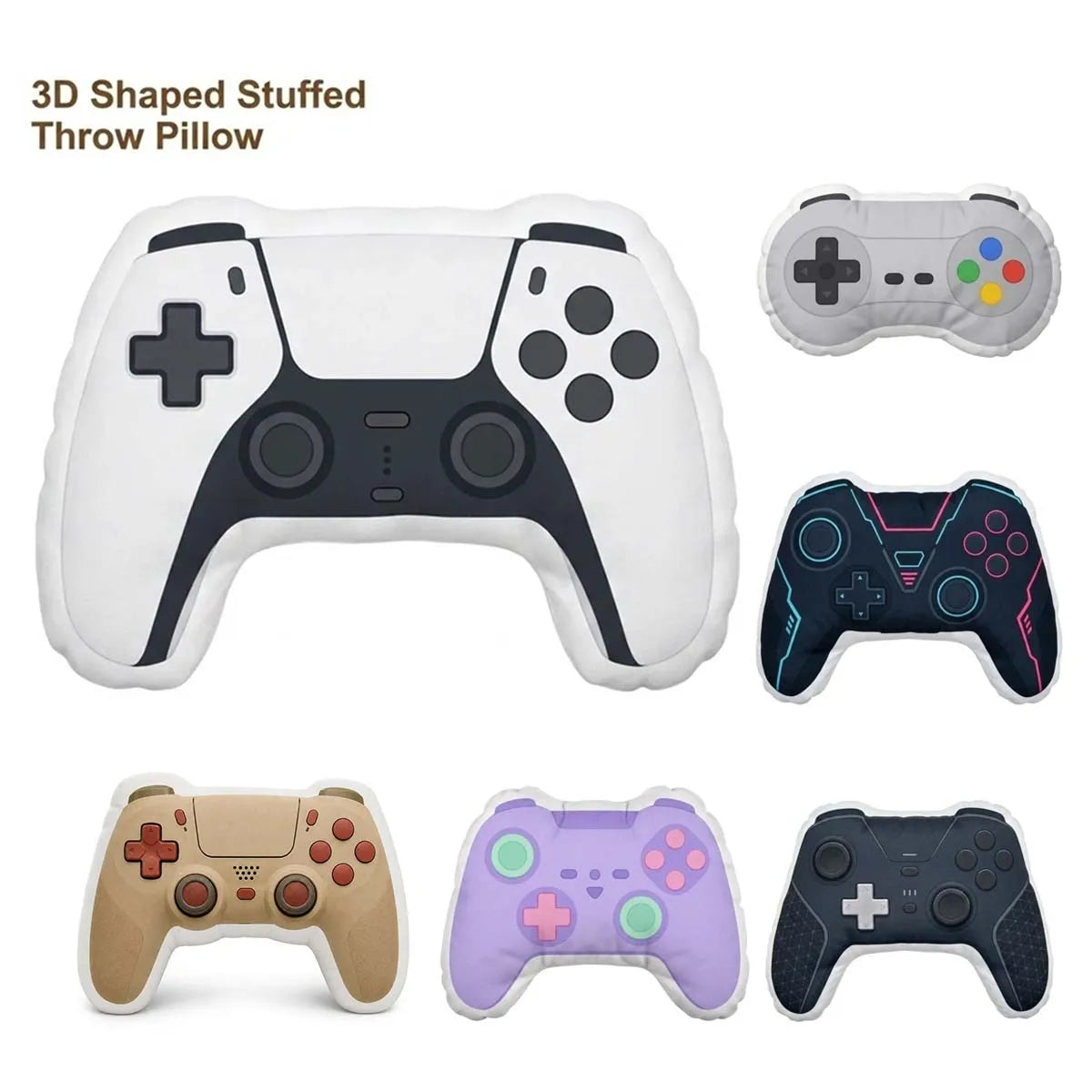 A set of 3D shaped stuffed throw pillows designed like various video game controllers.