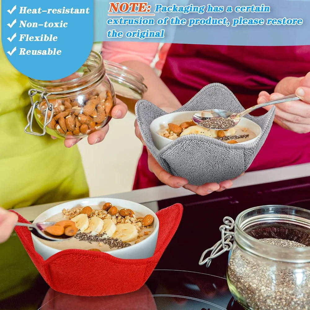 Hands hold a quilted microwave bowl cozy holding nuts and seeds, demonstrating the product's use.