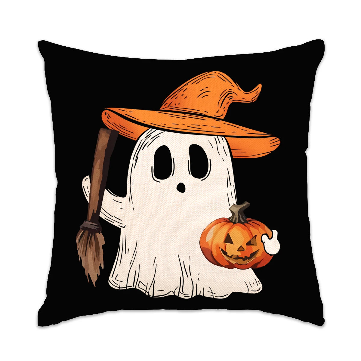A white ghost decoration on a black pillow with an orange witch hat and a pumpkin.
