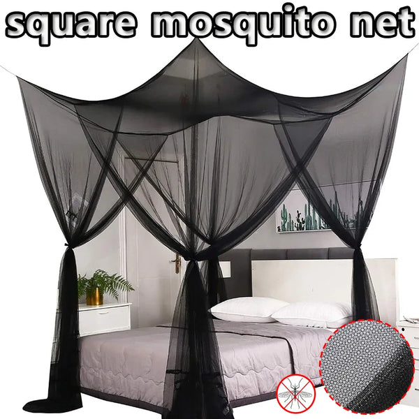 Black square mosquito net draped over a bed for protection.