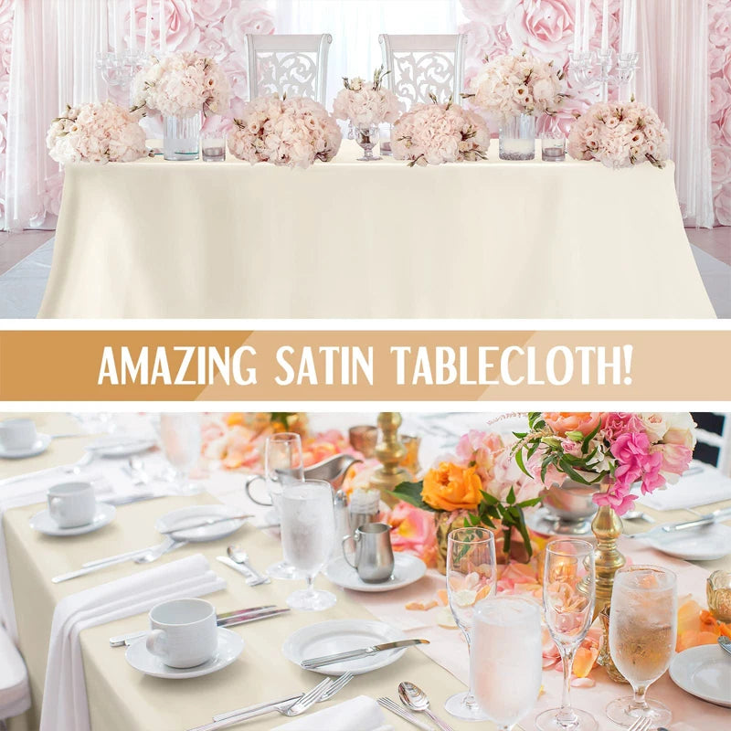 A cream satin tablecloth is displayed on a table, set for dining or party decor.