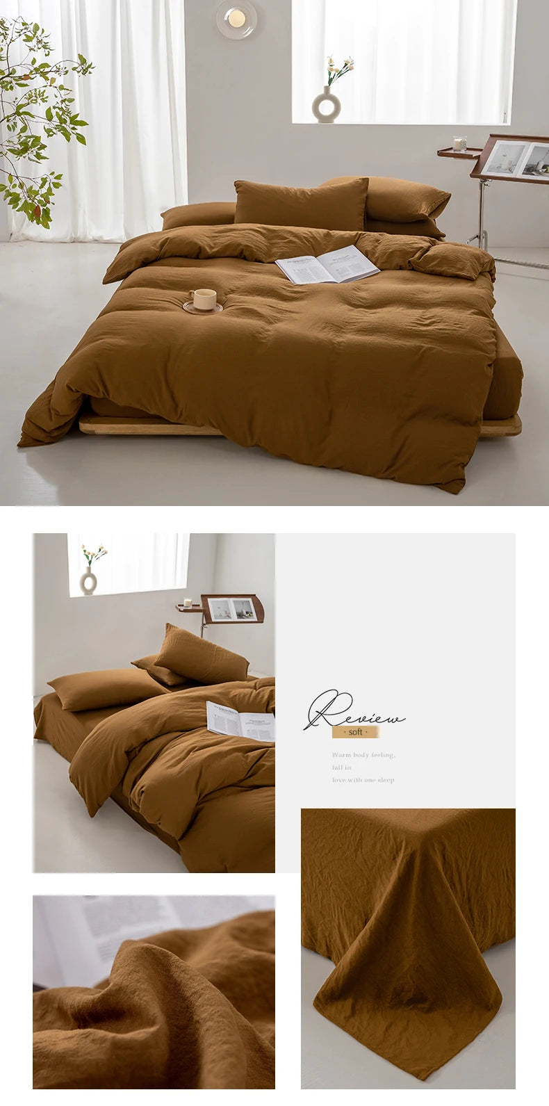 A luxurious, solid brown minimalist duvet cover displayed on a bed with natural light.