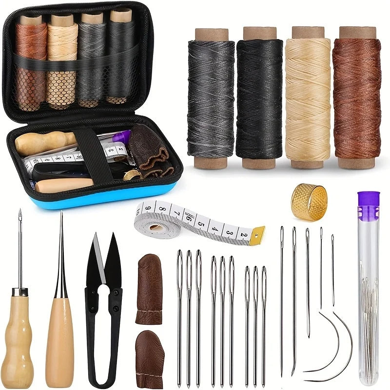 A kit of professional leather crafting tools including waxed thread spools, needles, and various stitching implements.