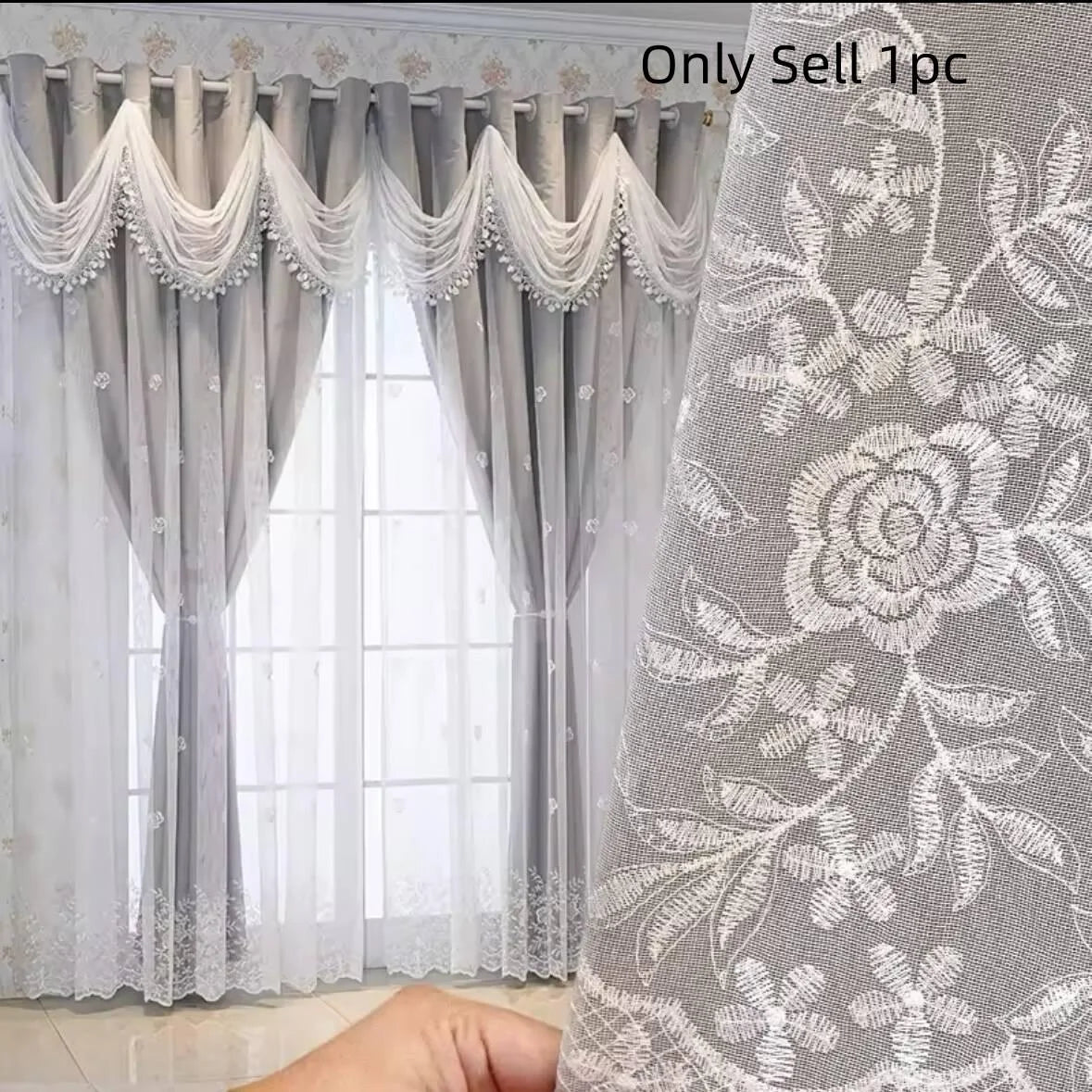 A pair of sheer and embroidered dual-layer window curtains in gray and white lace fabric.