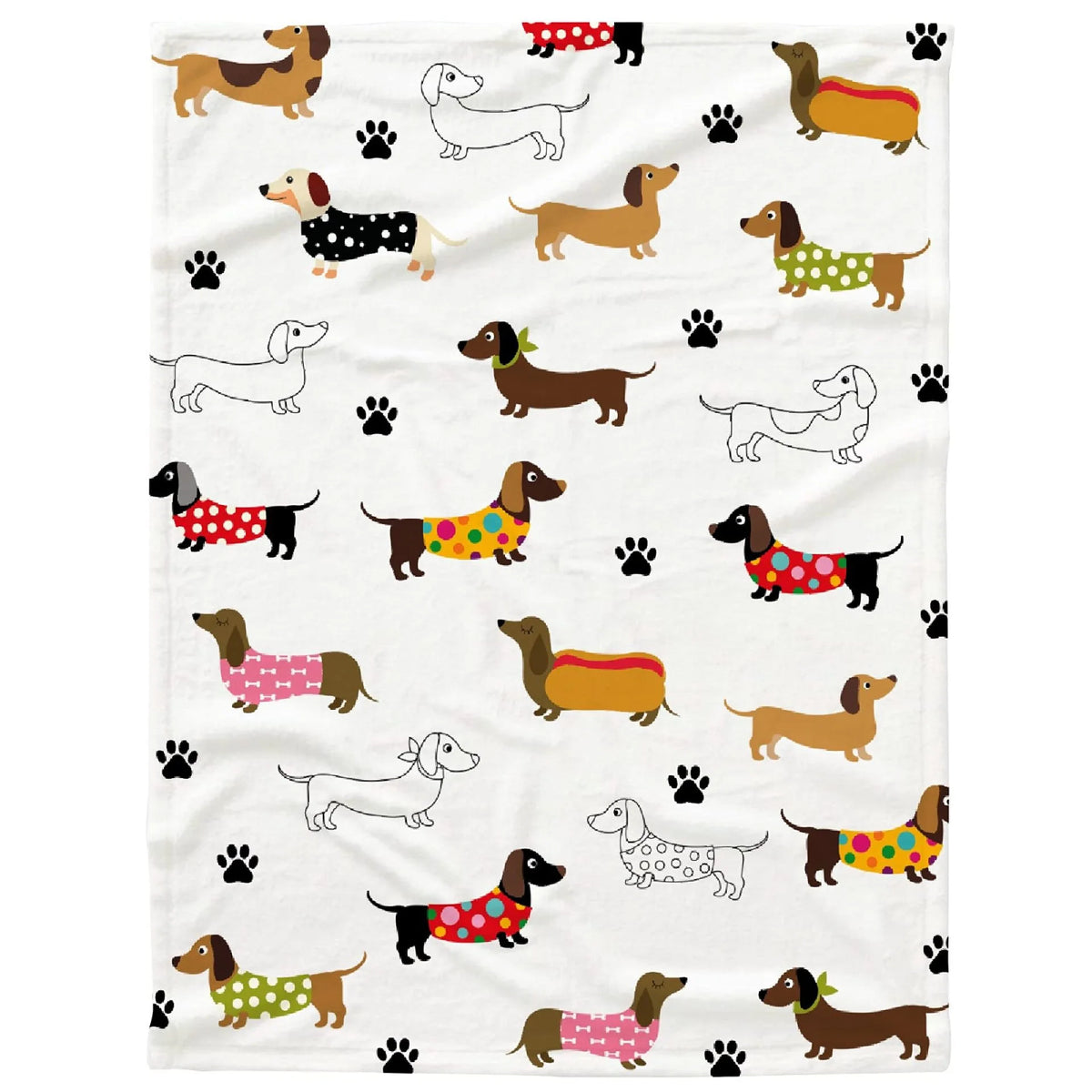 A white flannel blanket featuring a repeating pattern of various dog breeds in brown, black, and multicolored designs.