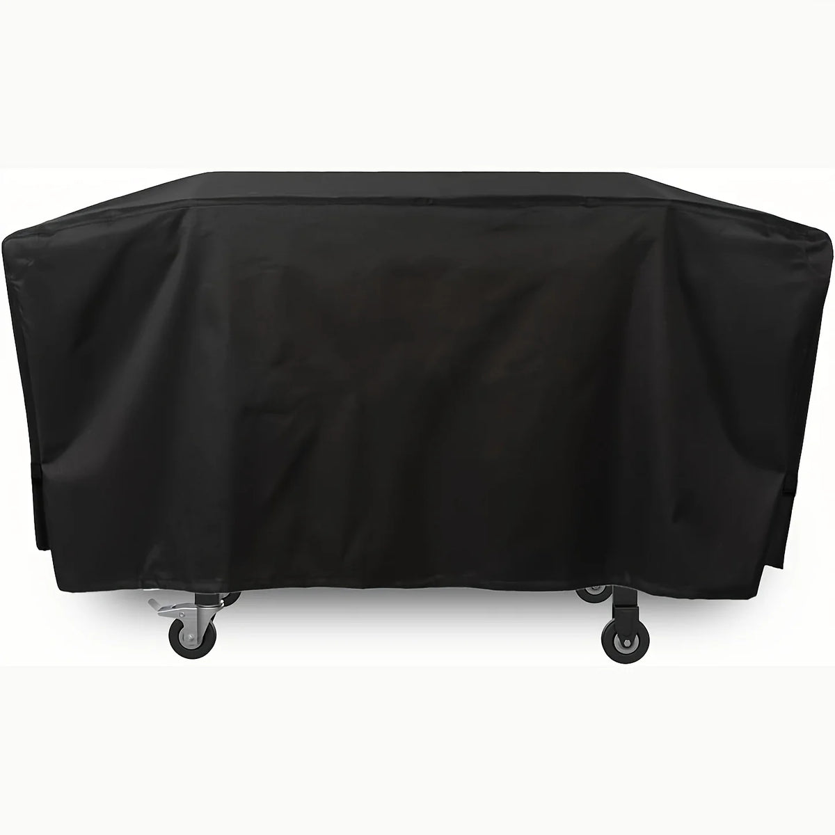 Black heavy-duty waterproof grill cover for a Blackstone, shown flat.