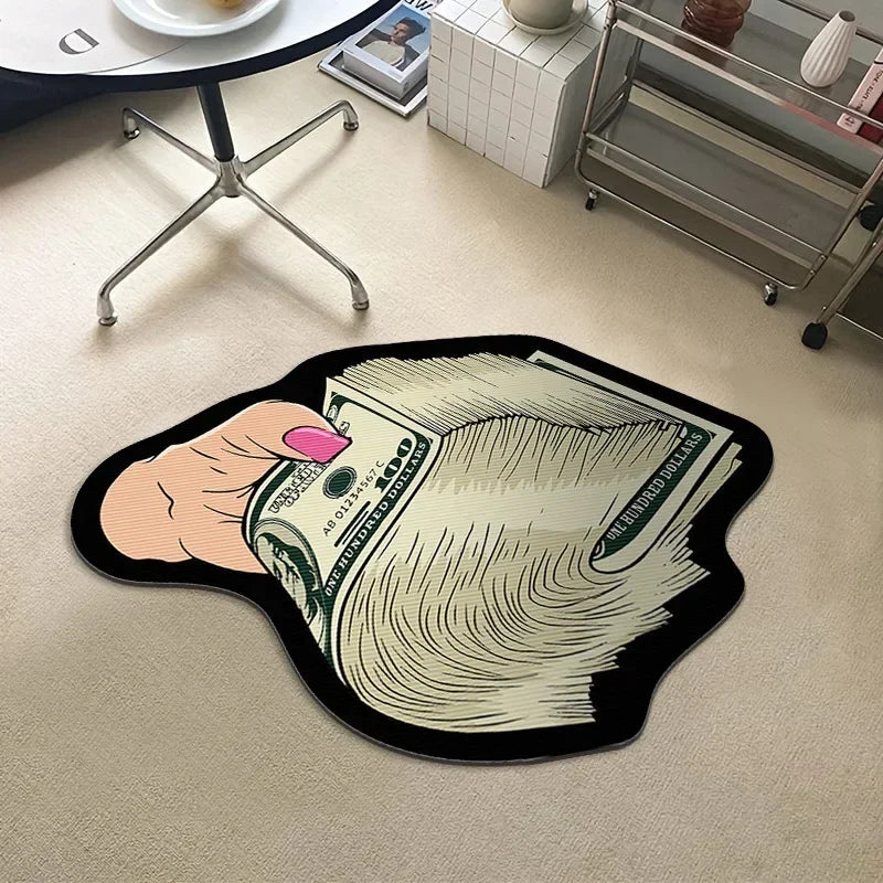 A black decorative rug featuring a hand holding a stack of US hundred dollar bills.