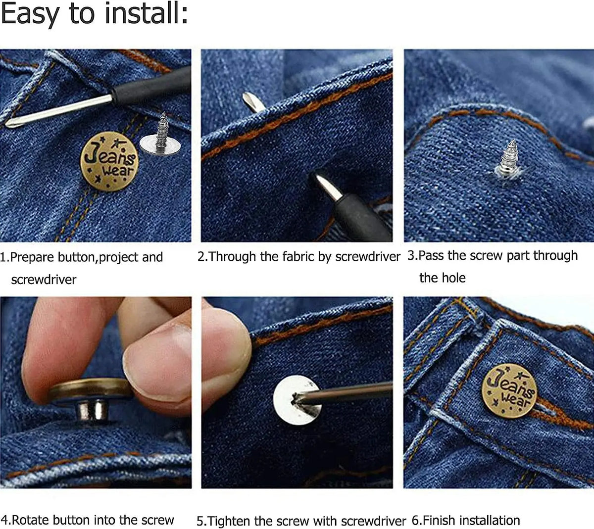 Step-by-step instructions showing how to install replacement metal buttons on denim fabric.
