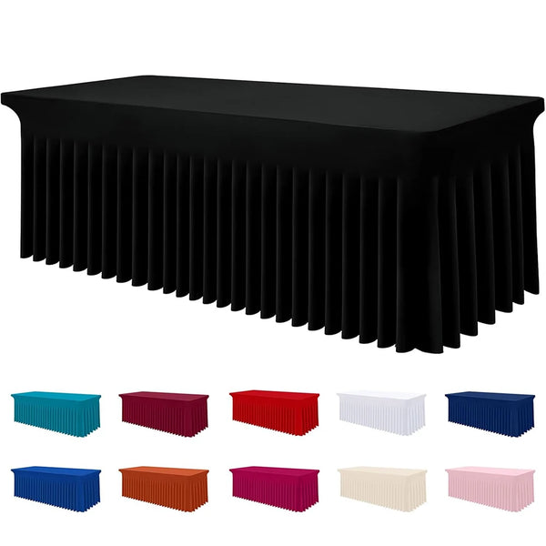A set of colorful stretchable waterproof rectangle tablecloths in various shades including blue, red, and pink.