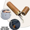 A wooden sewing needle set with stainless steel self-threading needles shown alongside a small pouch.