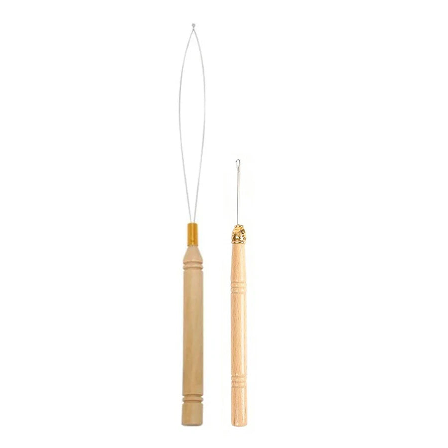 A set of professional hair extension bead tools featuring thin metal wires and wooden components.