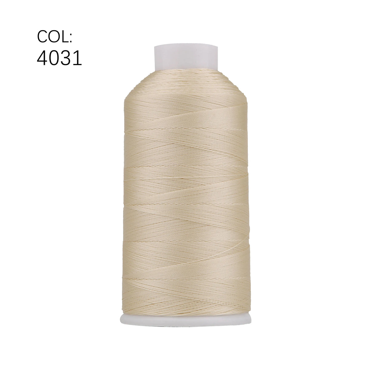 A spool of beige heavy duty nylon sewing thread with a white core.