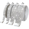 Rolls of silver crystal rhinestone ribbon in sizes S, M, L, and XL for DIY crafts