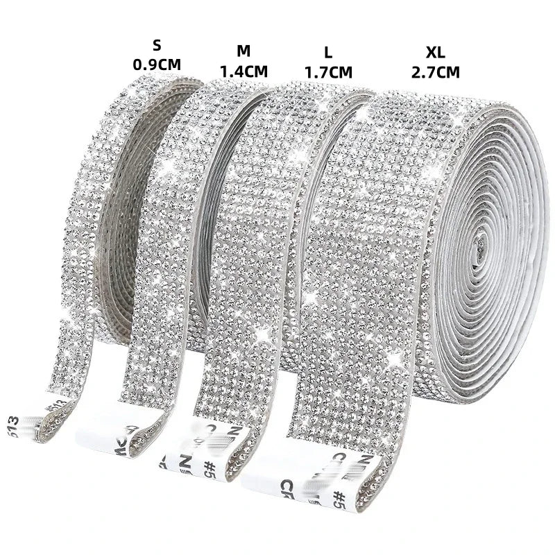 Rolls of silver crystal rhinestone ribbon in sizes S, M, L, and XL for DIY crafts