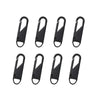 A set of eight black universal replacement zipper pullers.