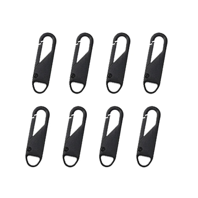 A set of eight black universal replacement zipper pullers.