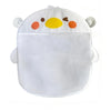 White mesh baby bath organizer storage bag shaped like a smiling yellow and orange face