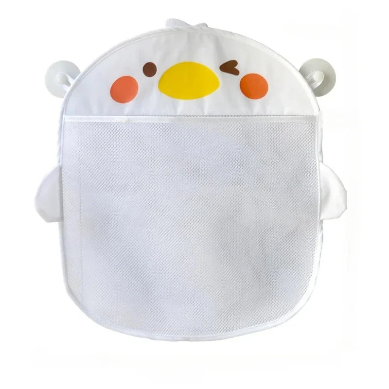 White mesh baby bath organizer storage bag shaped like a smiling yellow and orange face